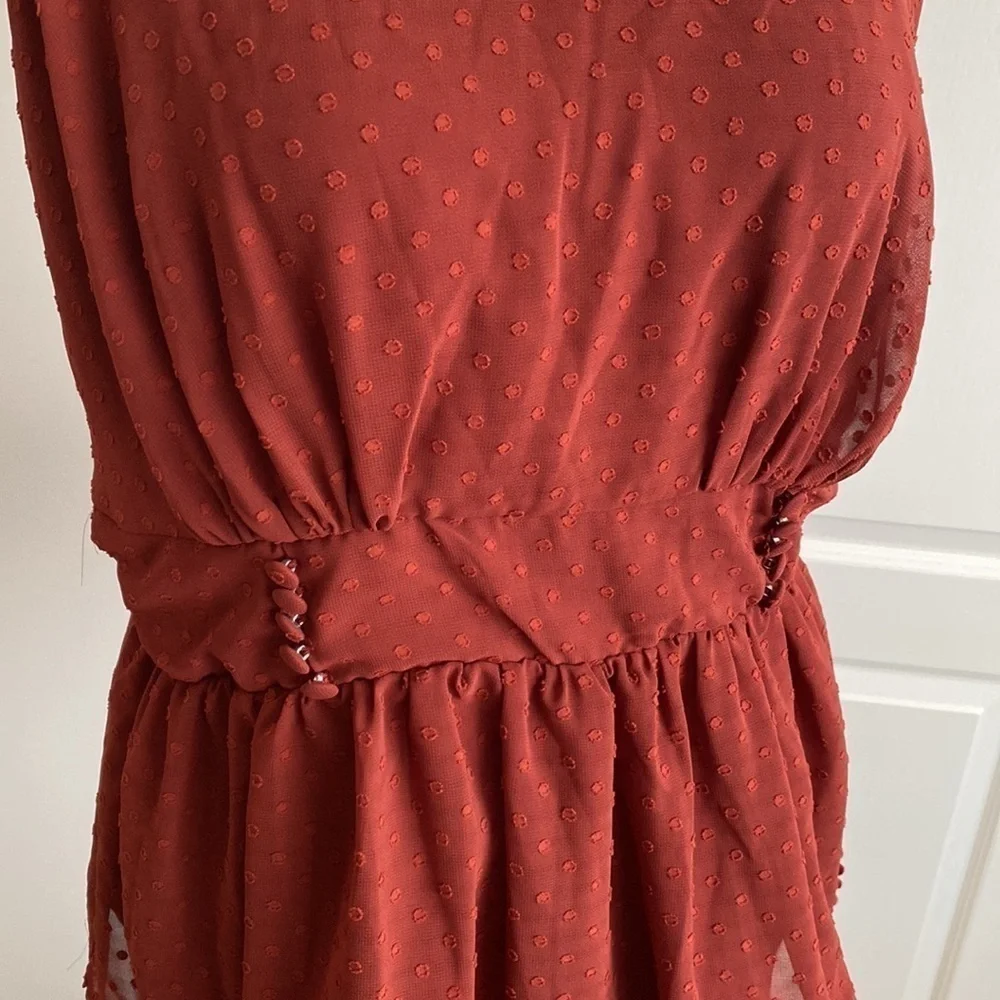 Torrid - Peplum Clip Dot Shirred Bust Lace Trim Top in Brick Red​​​​​​​​​ - Picture 6 of 12